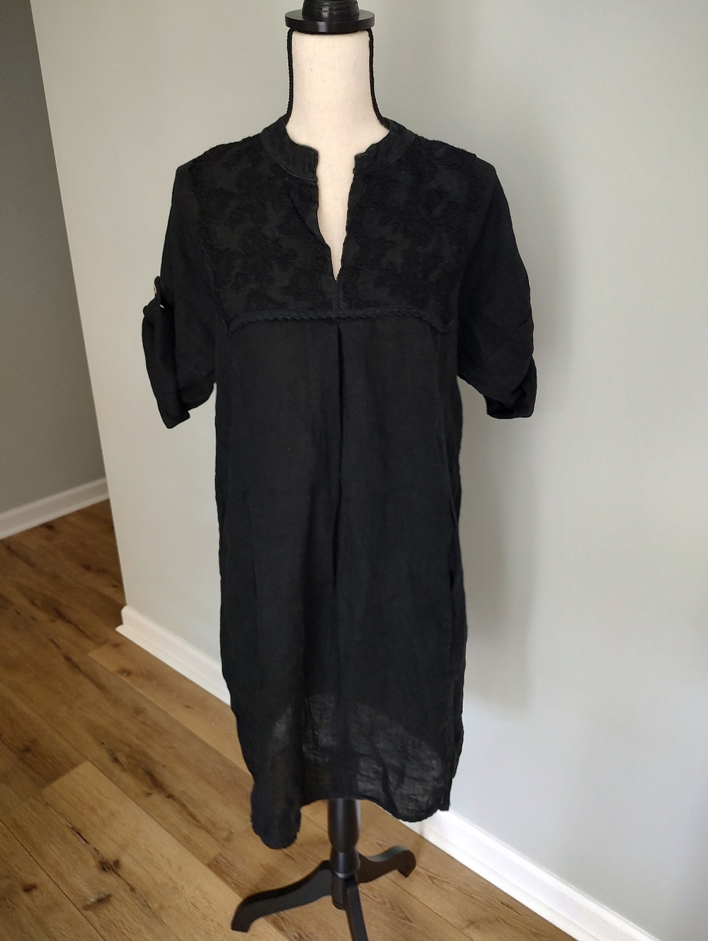Lungo L'Arno Linen Black Embroidered Dress Boho Beach Coastal Summer XL